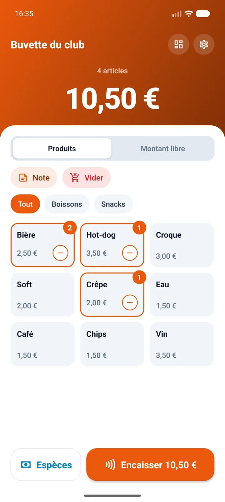 Écran de caisse de l’app XeronPay : catalogue de la buvette par catégories, total et boutons d’encaissement